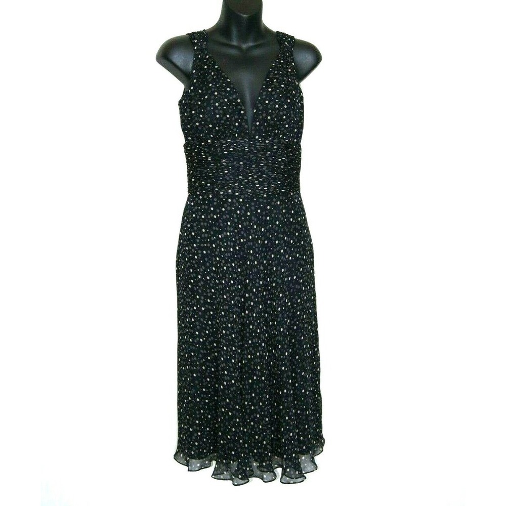 White House Black Market Silk Polka Dot V-Neck Ruched Waist Dress Black Size 8